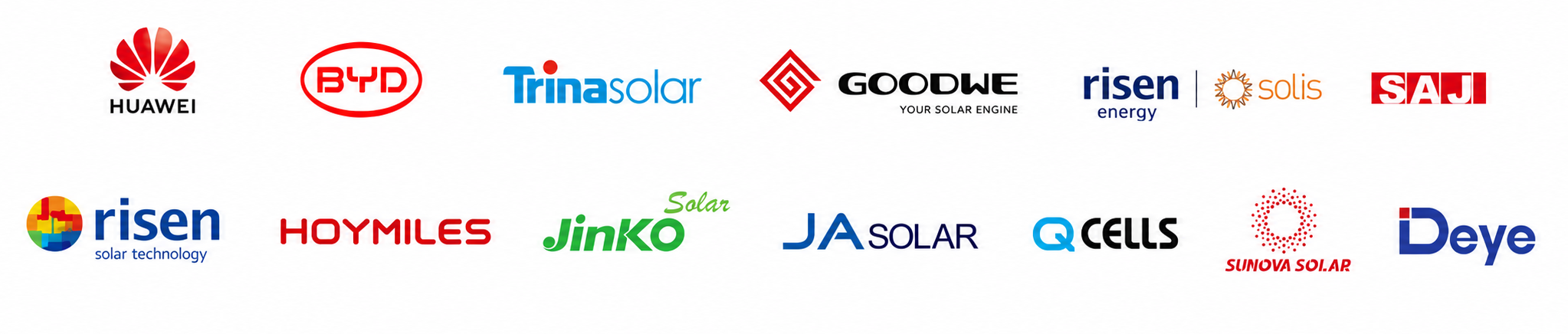 Partnerzy Green Energy: Huawei, Corab, Sofar Solar, GoodWe, SolarEdge, Risen, Sharp, Jinko Solar, JA Solar, Q Cells